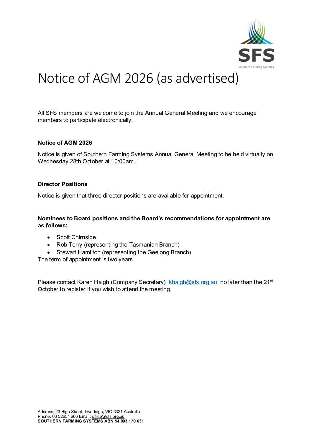 Notice of AGM 2026 (as advertised)